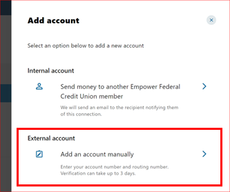 Screenshot of step 2 of adding an external account