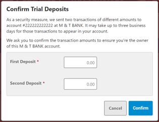 Screenshots of confirming trial deposits