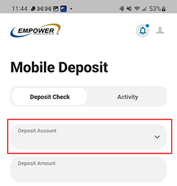 Screenshot of "select account" for mobile check deposit